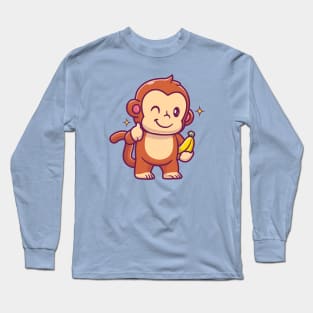 Cute Monkey Holding Banana With Thumb Up Cartoon Long Sleeve T-Shirt